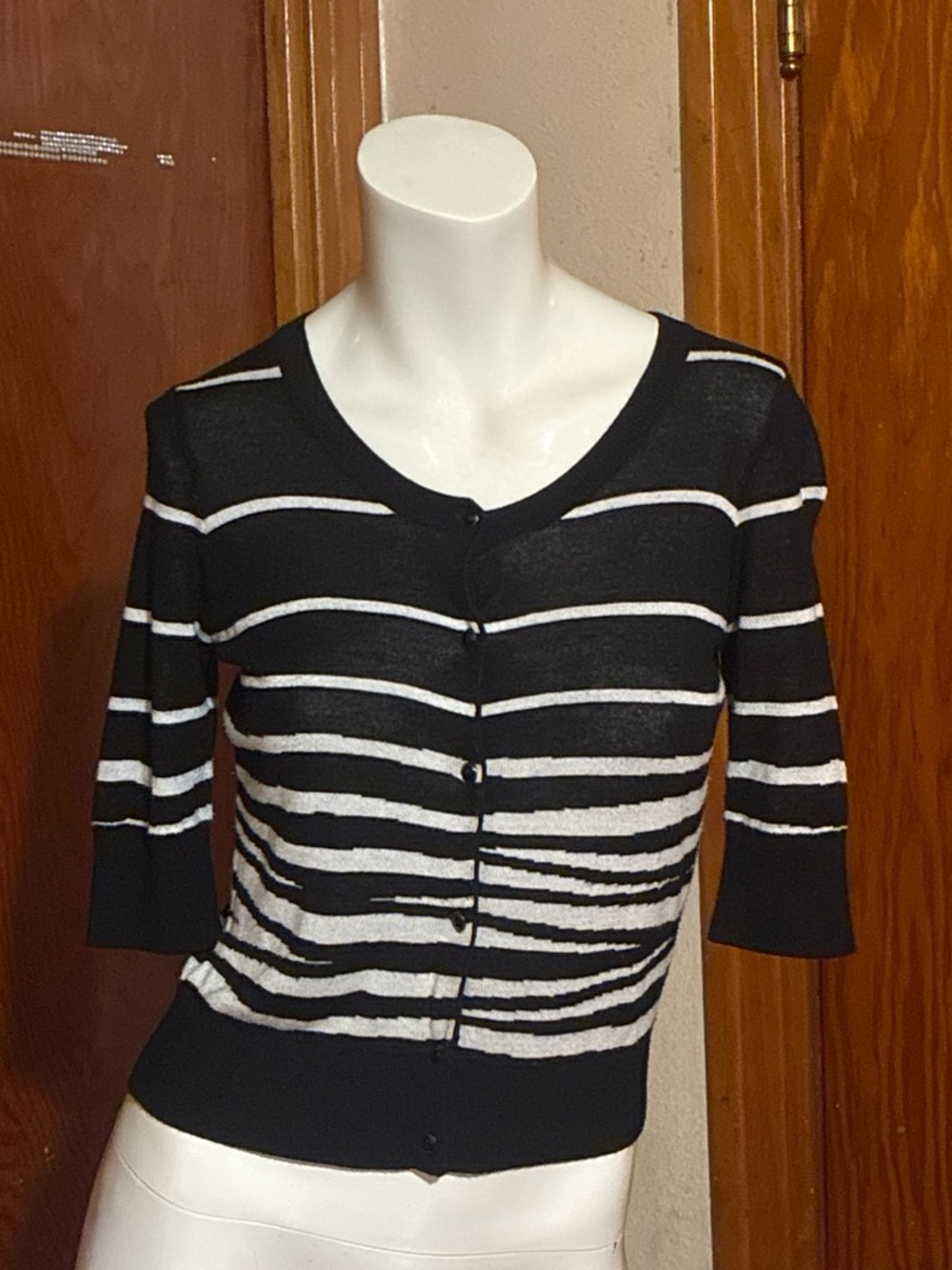 Express Black and White Striped Button-Front Cardigan